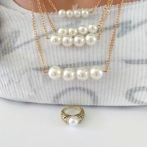 🔥set Fashion gold color statement necklaces with pearl pendant ring included